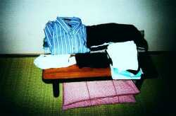folded clothes at the Aozara inn in Hakodate